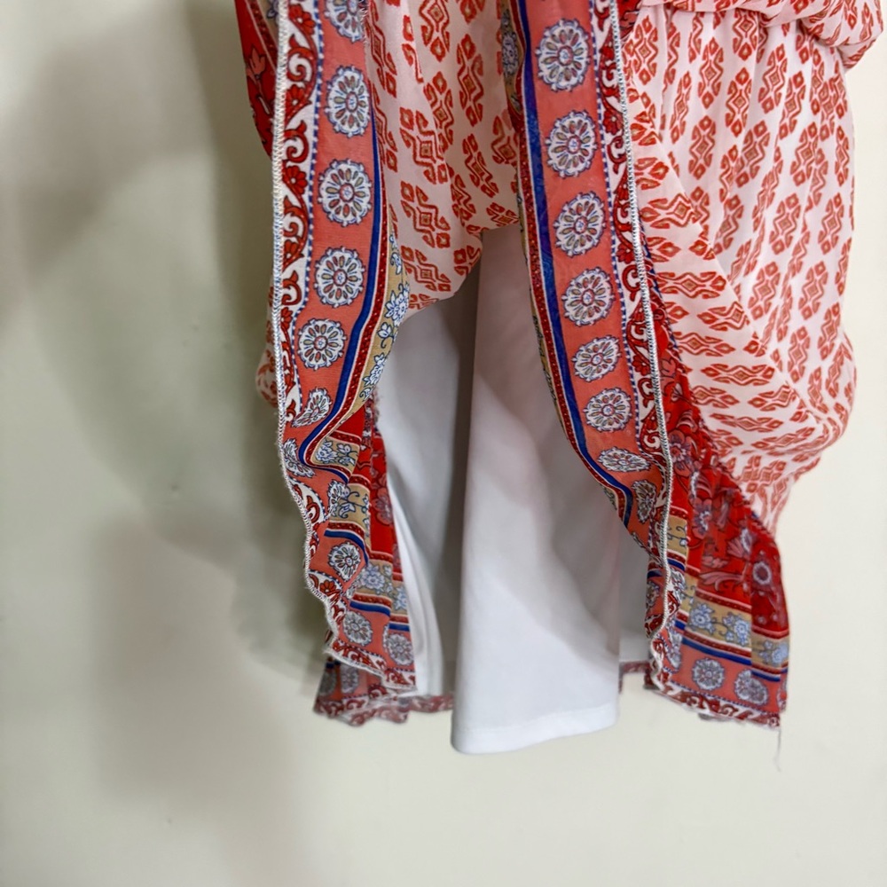 Lily Rose Split Neck Blouson Orange Print Chiffon Mini Boho Dress - Size: Medium - Picture 3 of 9